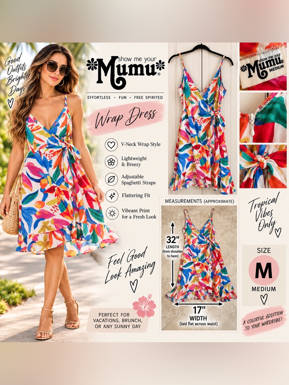 Show Me Your Mumu Women’s Medium Floral Wrap Mini Dress Multicolor Spaghetti Str